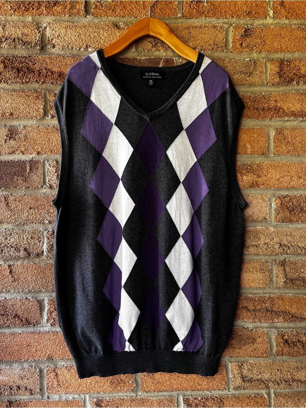 Le Château Silk Cotton Argyle Sweater Vest Tunic Black Purple XXL